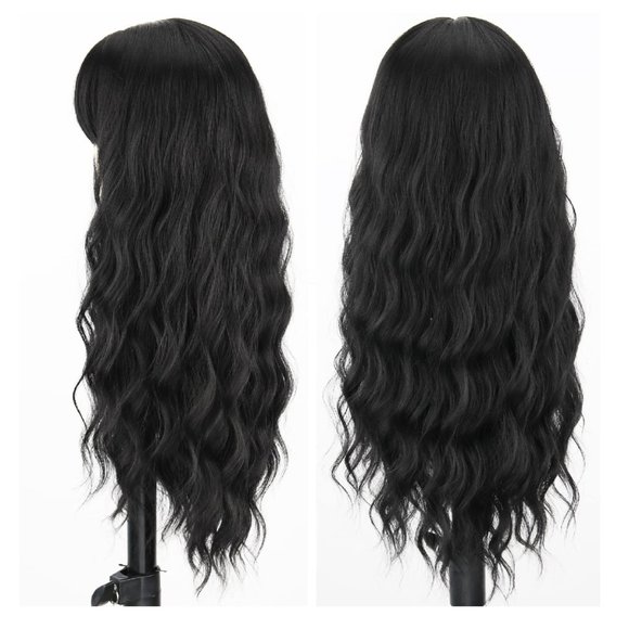 Long Wavy Black Hair Wig With Bangs - Back Length - Picture 2 of 2